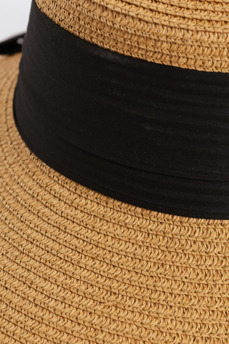 Black Bow Turn Down Straw Hat - Tan
