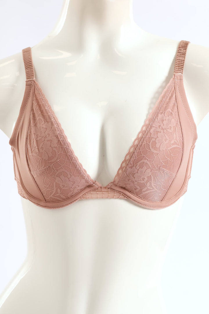 Microfibre & Lace Non-Padded Plunge Bra - Blush