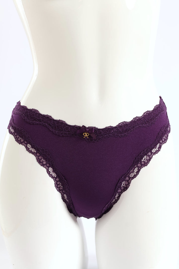 Shiny Microfibre & Lace Back Brazilian Panty - Plum