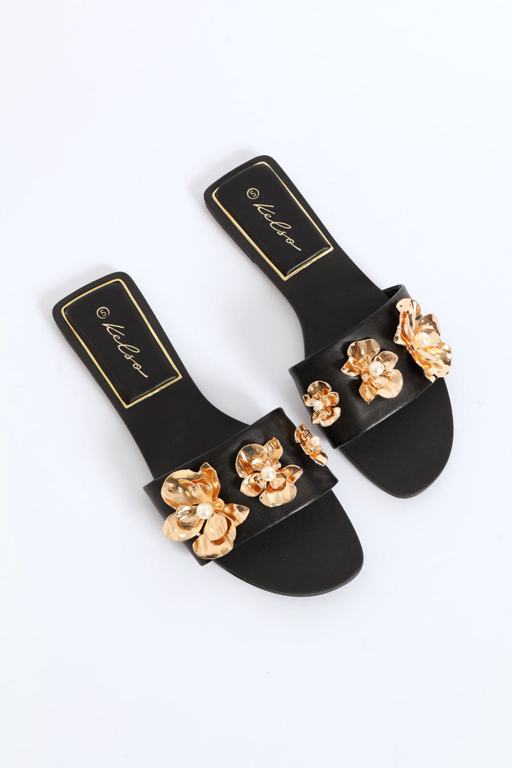 Flower Trim Single Band Sandal - Black