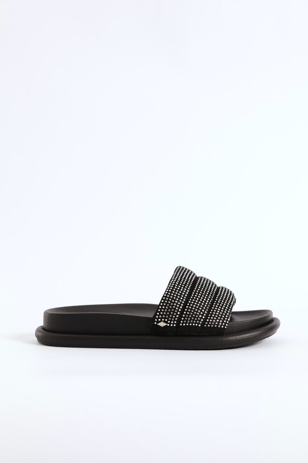 Stitched Diamante Upper Diamond Ingot Push In Sandal - Black