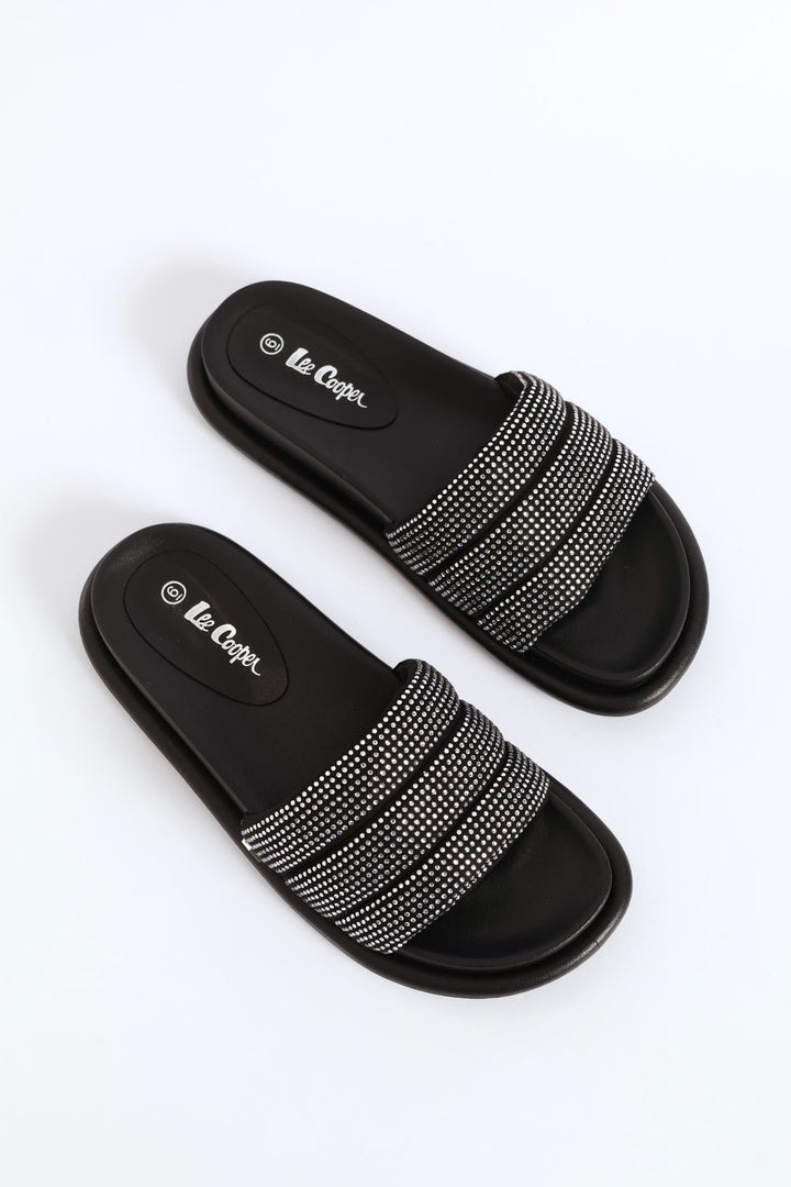 Stitched Diamante Upper Diamond Ingot Push In Sandal - Black