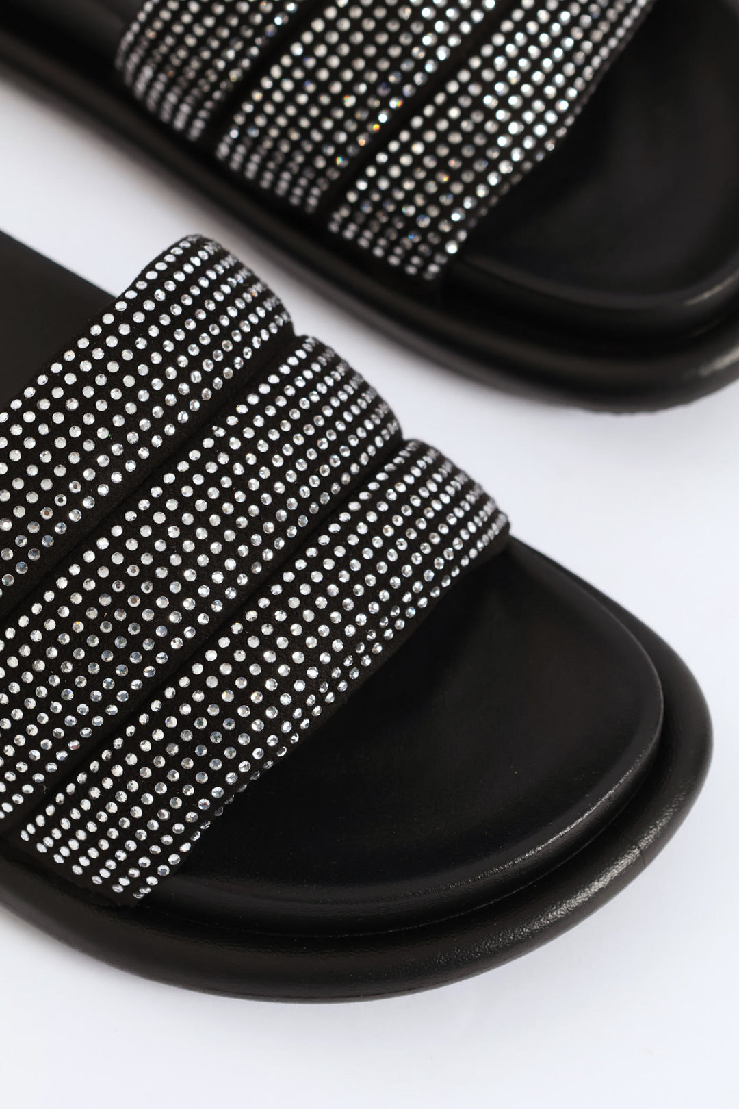 Stitched Diamante Upper Diamond Ingot Push In Sandal - Black