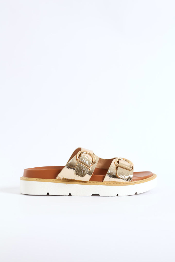 Double Strap Footbed Chunky Sole Sandal - Gold