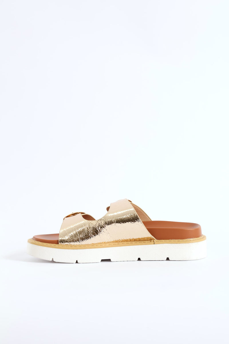 Double Strap Footbed Chunky Sole Sandal - Gold