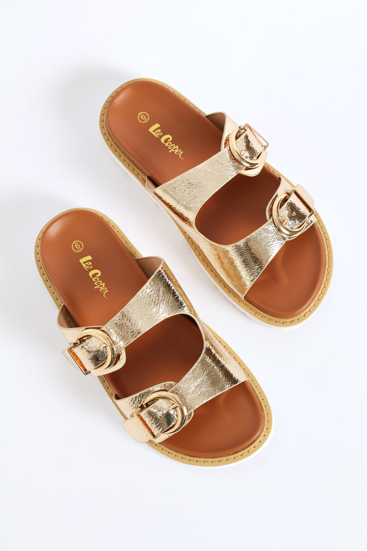 Double Strap Footbed Chunky Sole Sandal - Gold