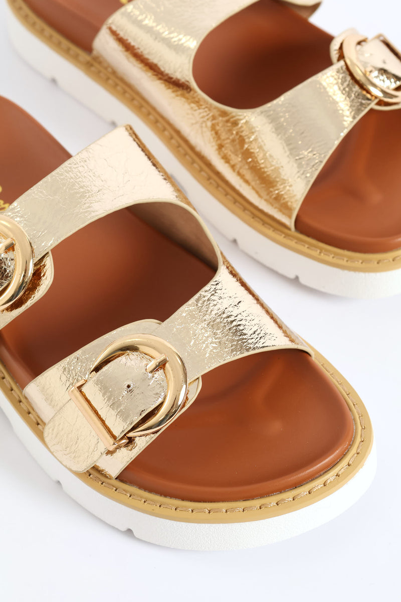 Double Strap Footbed Chunky Sole Sandal - Gold