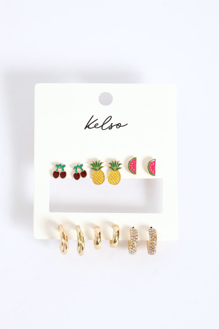 6 Pack Tropical Fruit & Hoop Earrings - Gold