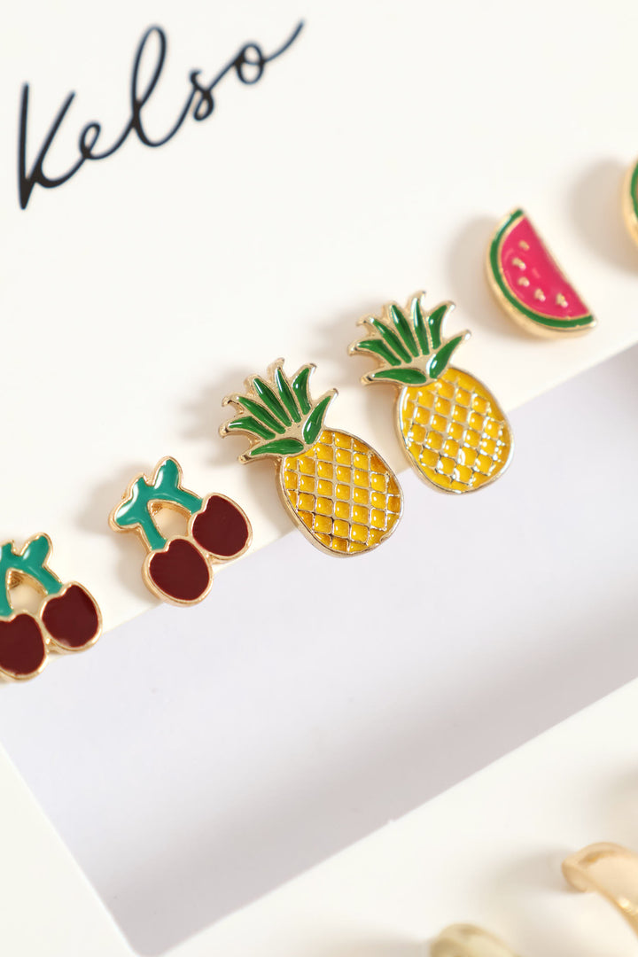 6 Pack Tropical Fruit & Hoop Earrings - Gold