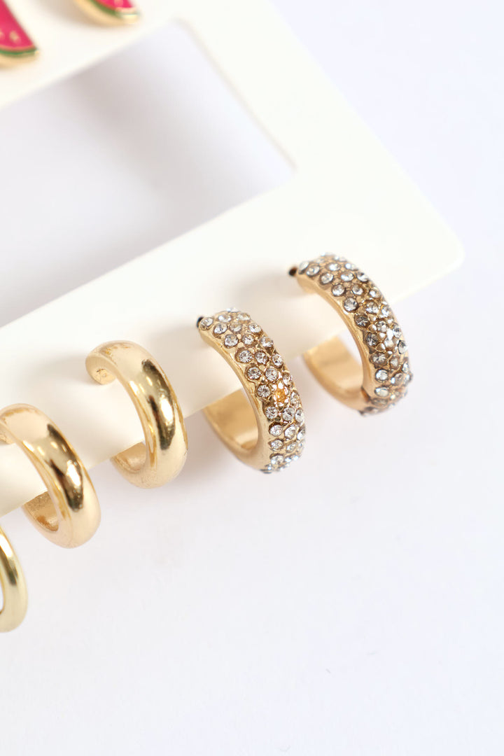 6 Pack Tropical Fruit & Hoop Earrings - Gold