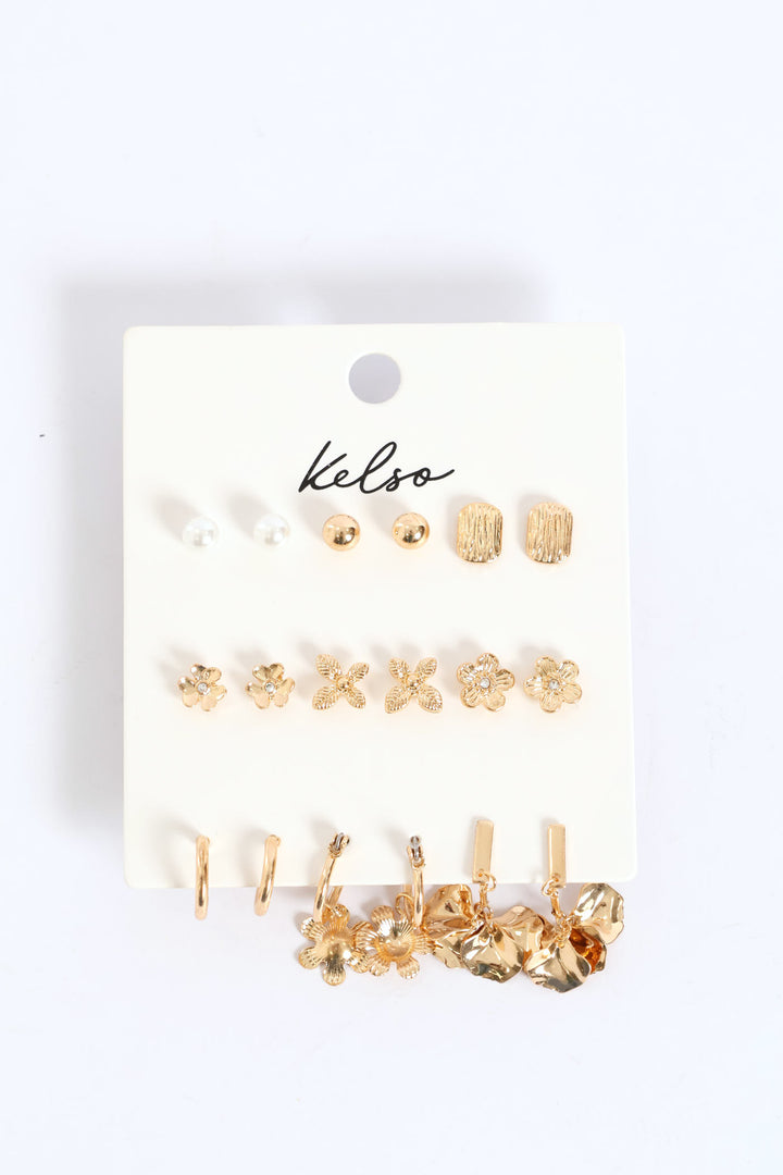 9 Pack Floral Studs & Drop Earrings - Gold
