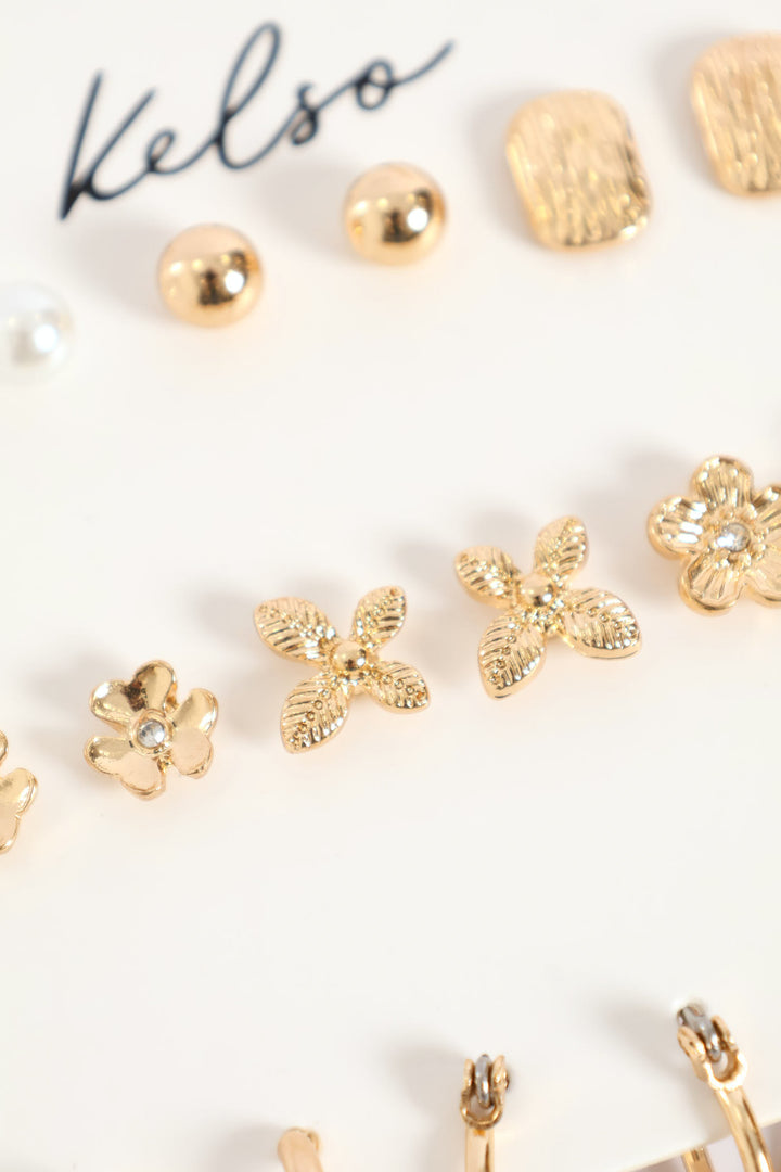 9 Pack Floral Studs & Drop Earrings - Gold