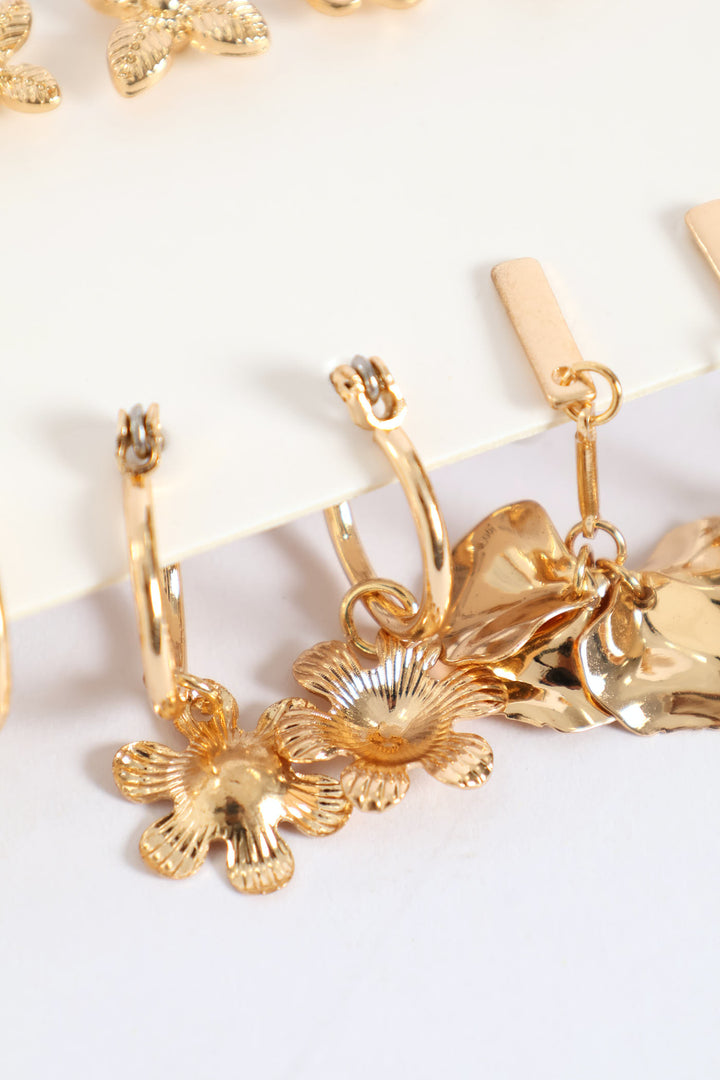 9 Pack Floral Studs & Drop Earrings - Gold