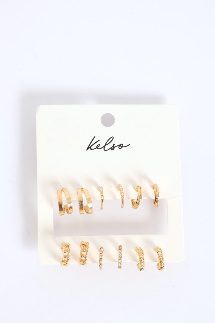 6 Pack Small Hoop Earrings - Gold