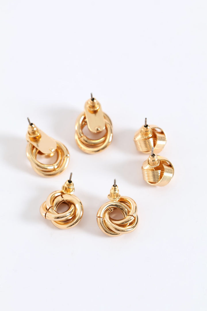 3 Pack Knot Stud Earring - Gold