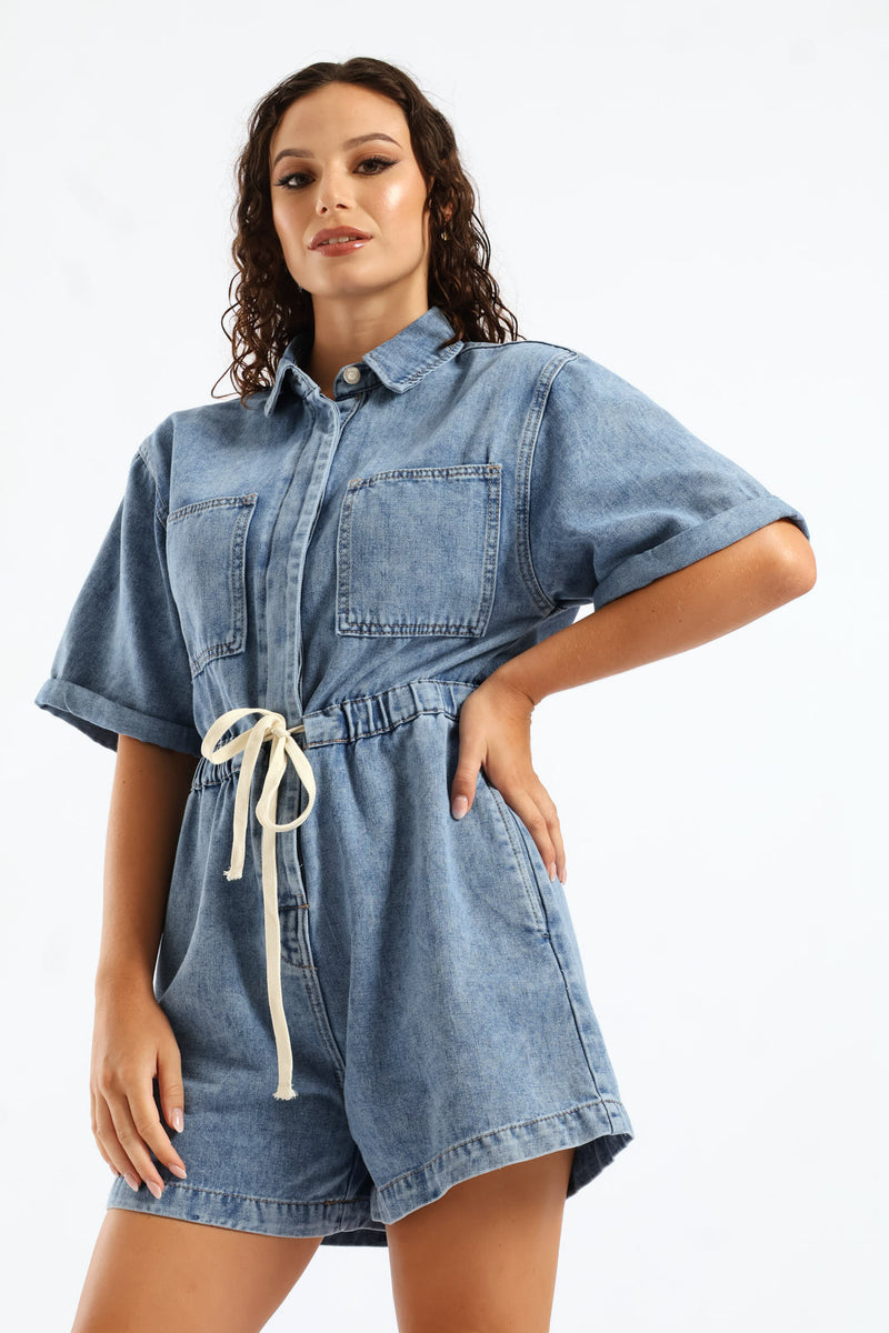 Denim Shortall Jumpsuit - Salty Mid Wash