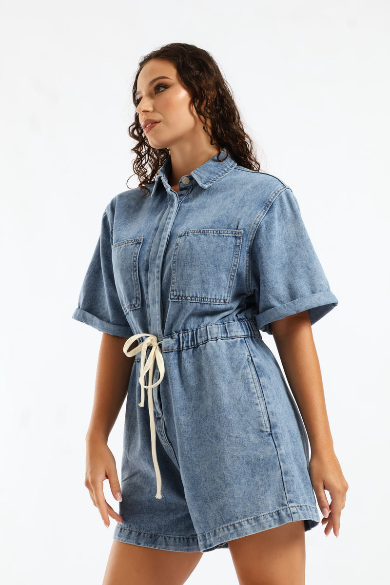 Denim Shortall Jumpsuit - Salty Mid Wash