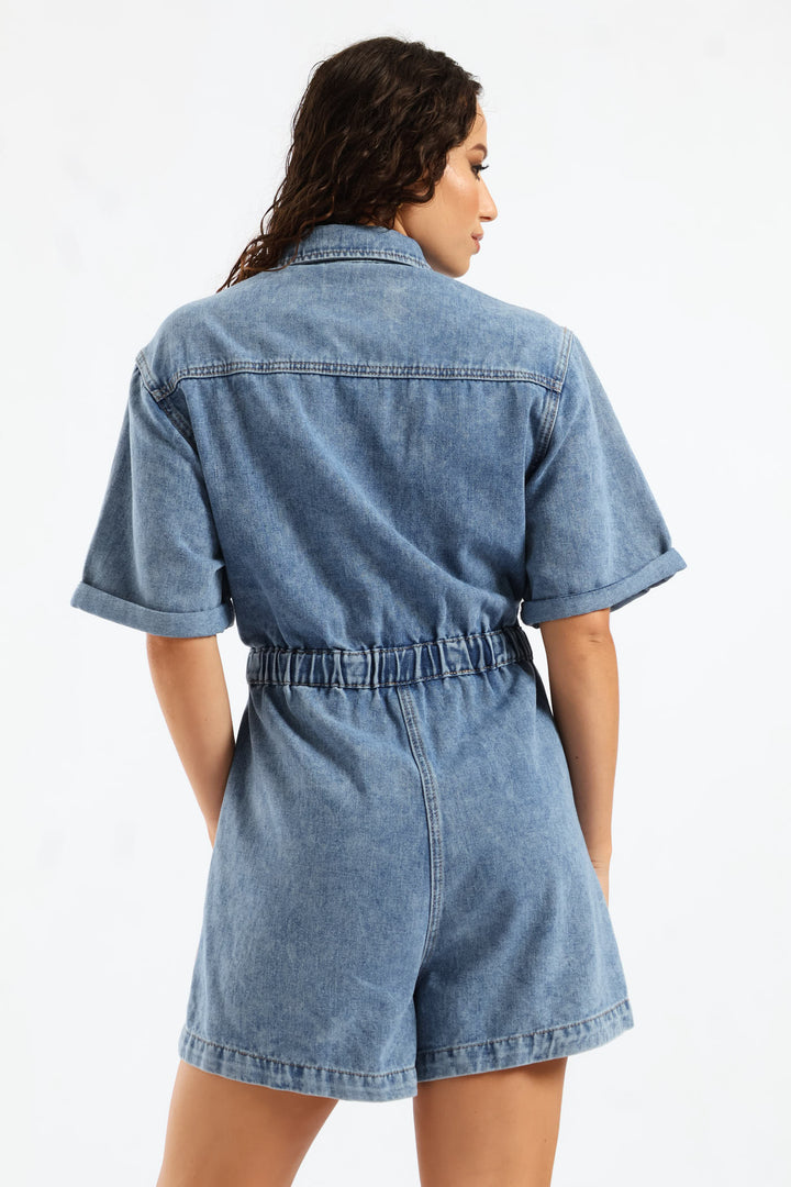 Denim Shortall Jumpsuit - Salty Mid Wash