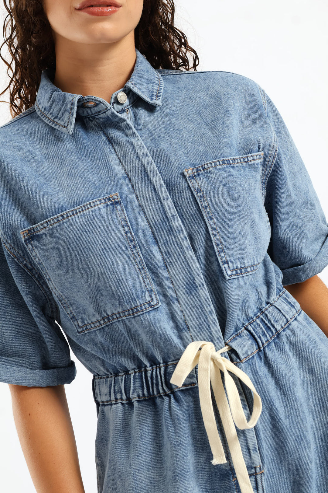 Denim Shortall Jumpsuit - Salty Mid Wash