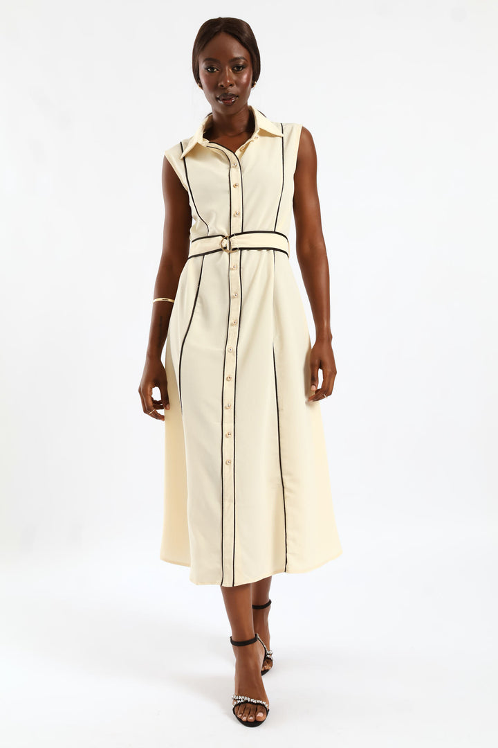 Panelled Contrast Shirt Maxi Dress - Cream/Black