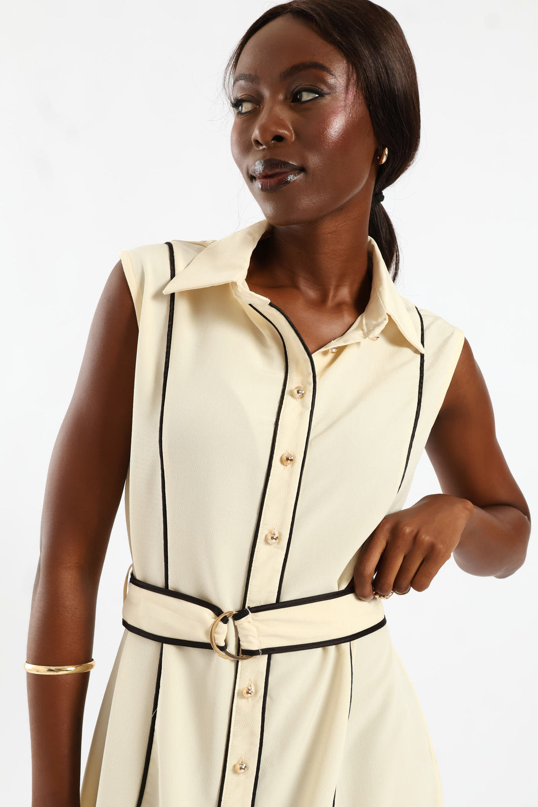 Panelled Contrast Shirt Maxi Dress - Cream/Black