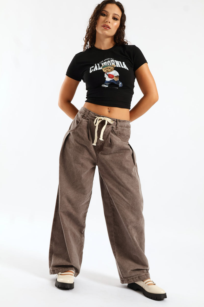 Pleated Cotton Wide Leg Trouser - Chocolate