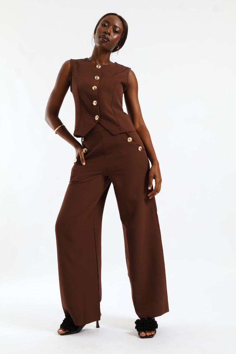 3 Button Wide Leg Pant - Chocolate