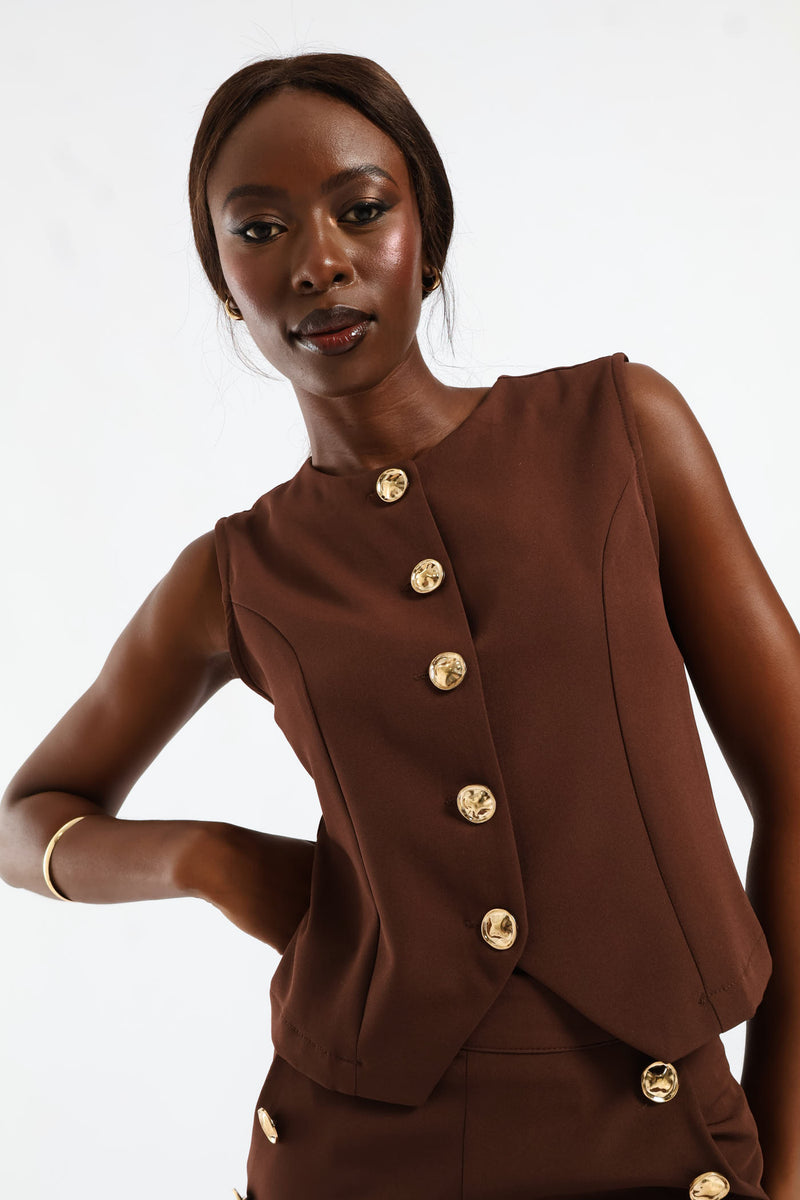 Fancy Button Waistcoat - Chocolate