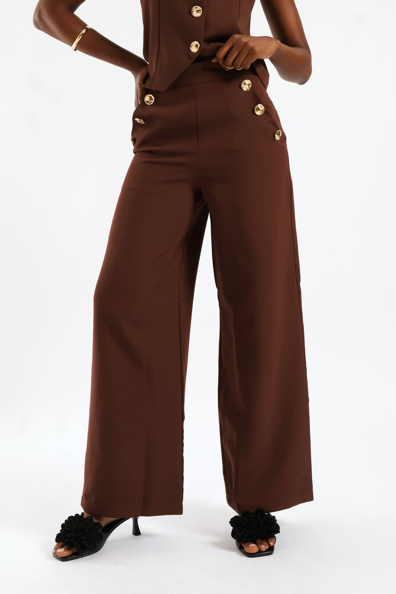 3 Button Wide Leg Pant - Chocolate