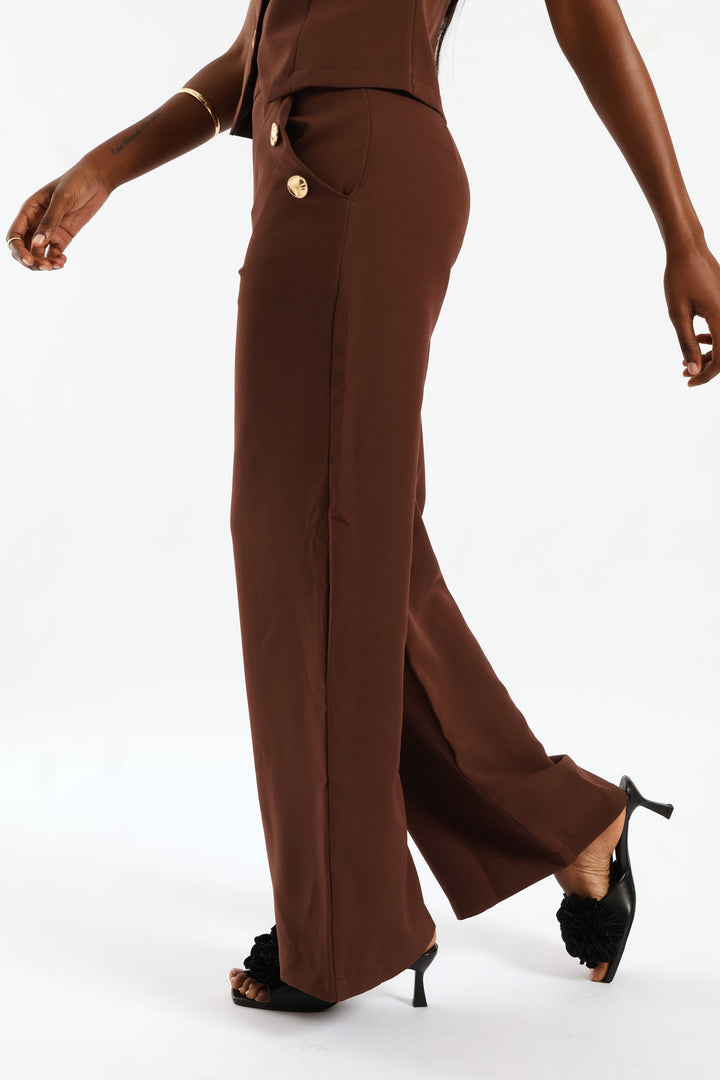 3 Button Wide Leg Pant - Chocolate