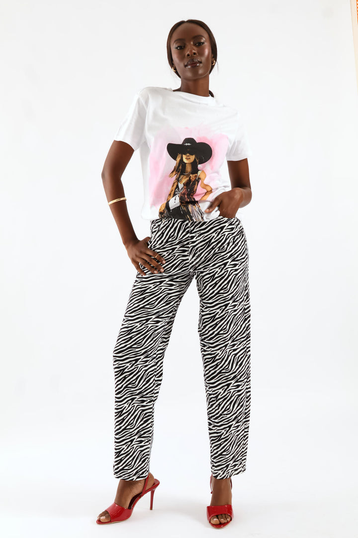 Hi-Rise Zebra Print Straight Leg Denim - Black/White