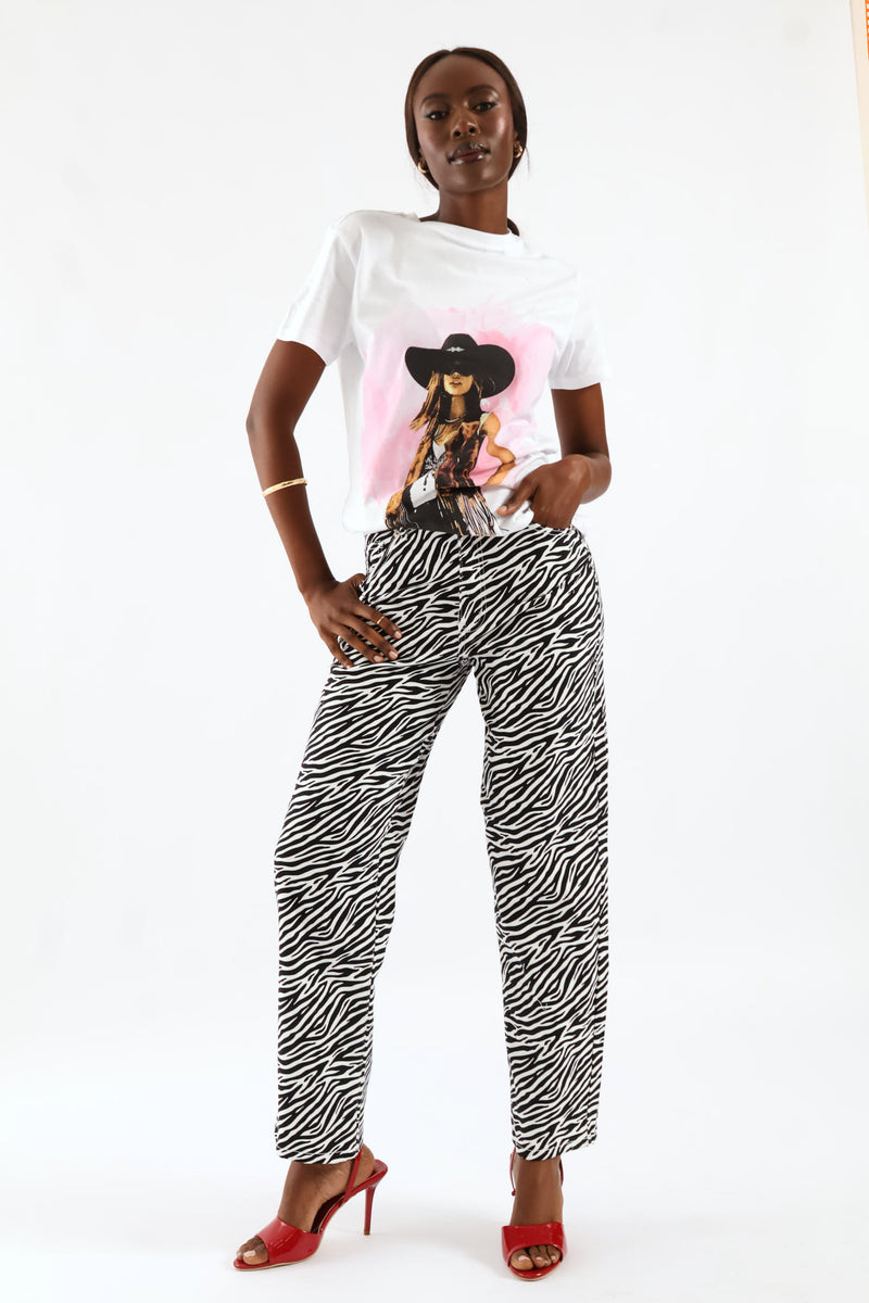 Hi-Rise Zebra Print Straight Leg Denim - Black/White
