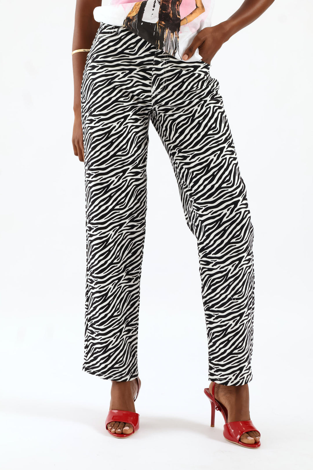 Hi-Rise Zebra Print Straight Leg Denim - Black/White