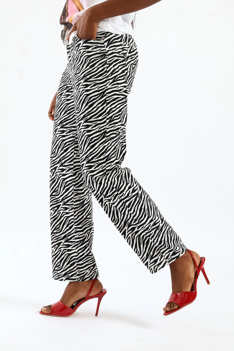 Hi-Rise Zebra Print Straight Leg Denim - Black/White