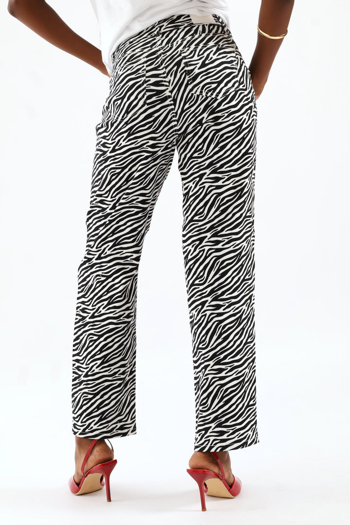 Hi-Rise Zebra Print Straight Leg Denim - Black/White