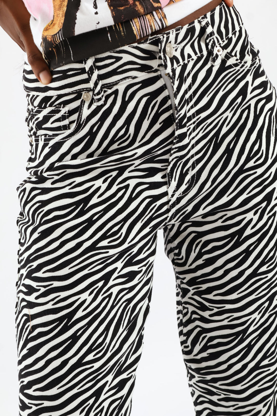 Hi-Rise Zebra Print Straight Leg Denim - Black/White