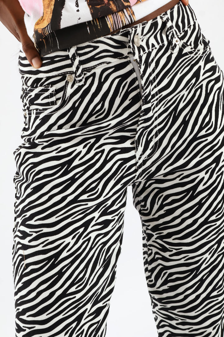 Hi-Rise Zebra Print Straight Leg Denim - Black/White