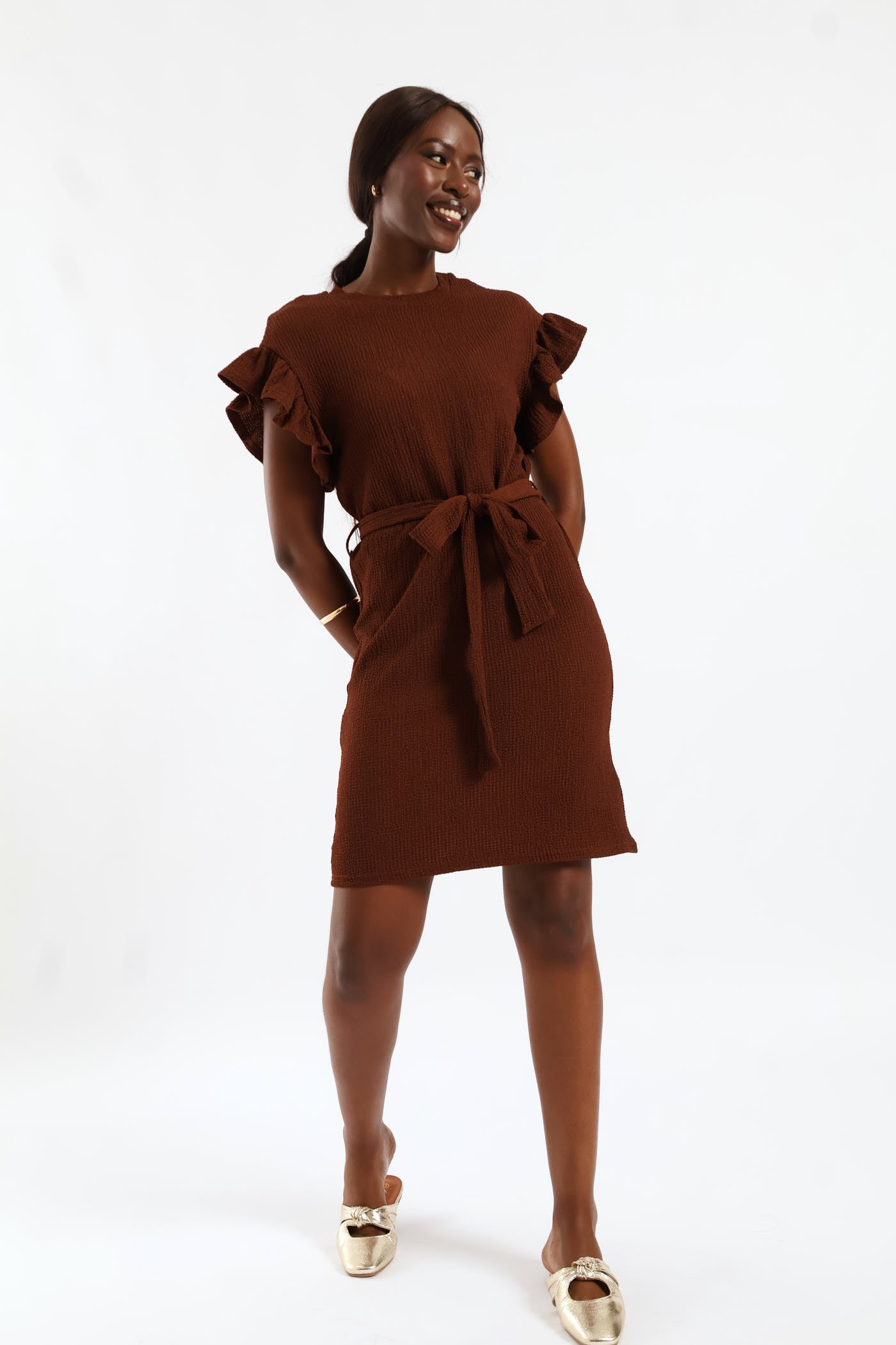Ladies Frill Sleeve Belted Leaf Print Knit Shift Mini Dress – Edgars