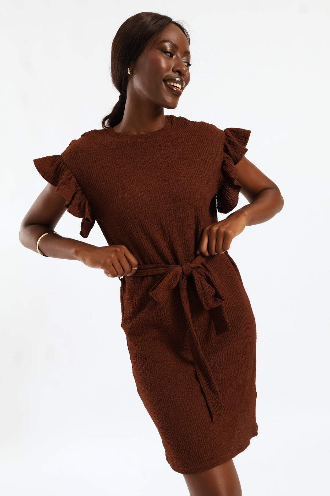 Frill Sleeve Belted Leaf Print Knit Shift Mini Dress