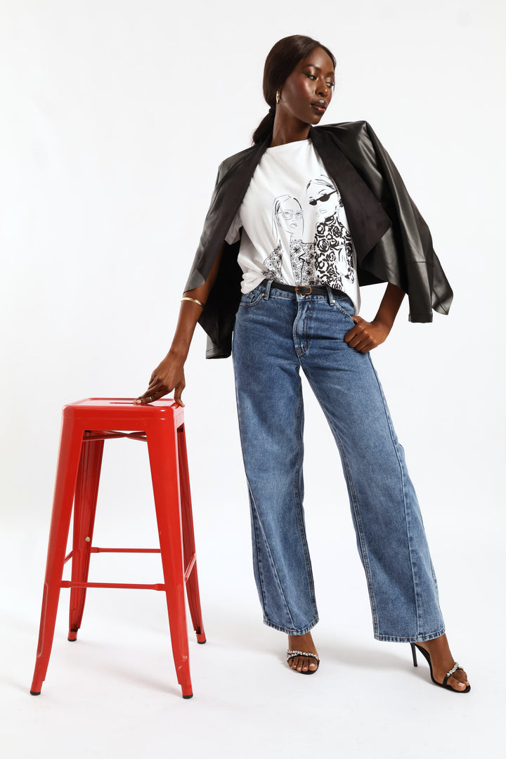 Hi Rise Belted Panel Detail Wideleg Denim - Medium Wash