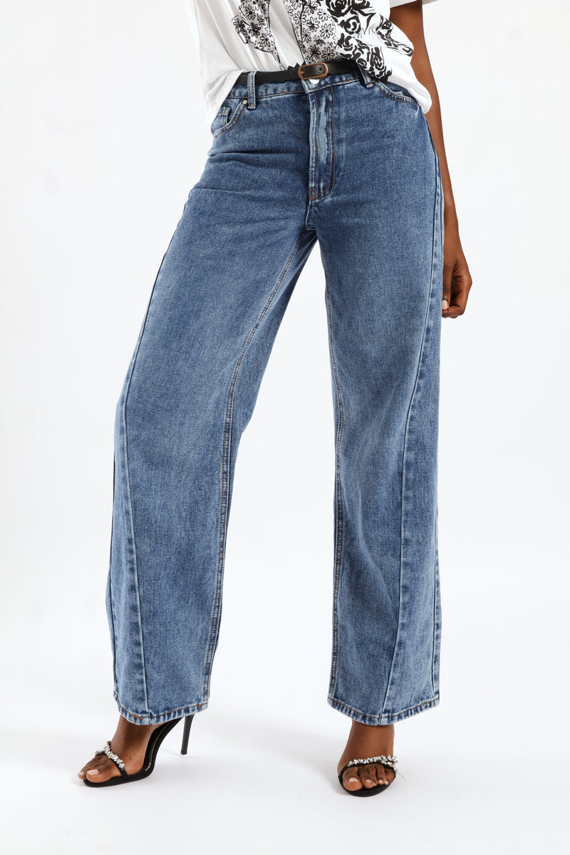 Hi Rise Belted Panel Detail Wideleg Denim - Medium Wash