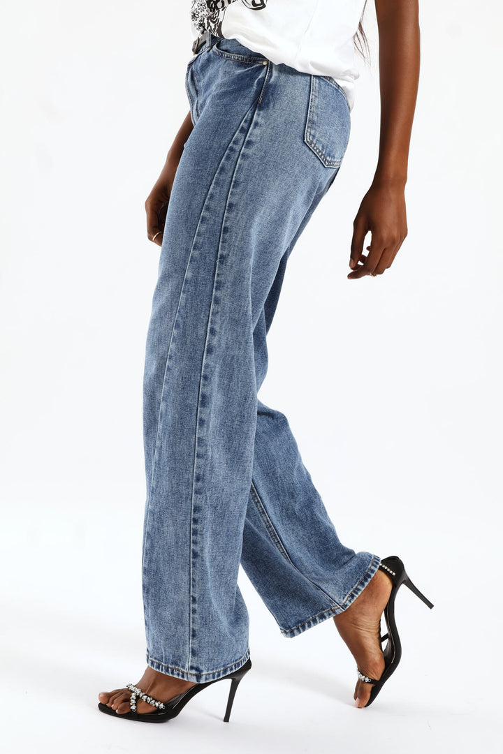 Hi Rise Belted Panel Detail Wideleg Denim - Medium Wash