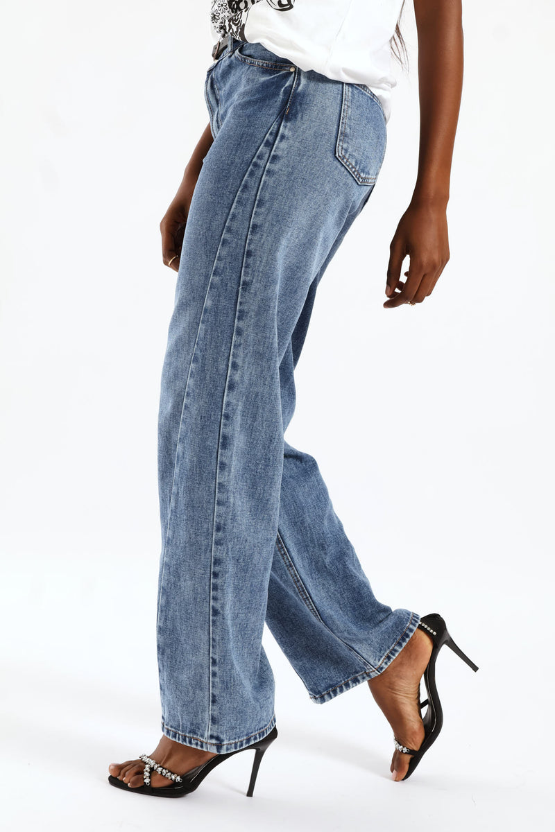 Hi Rise Belted Panel Detail Wideleg Denim - Medium Wash