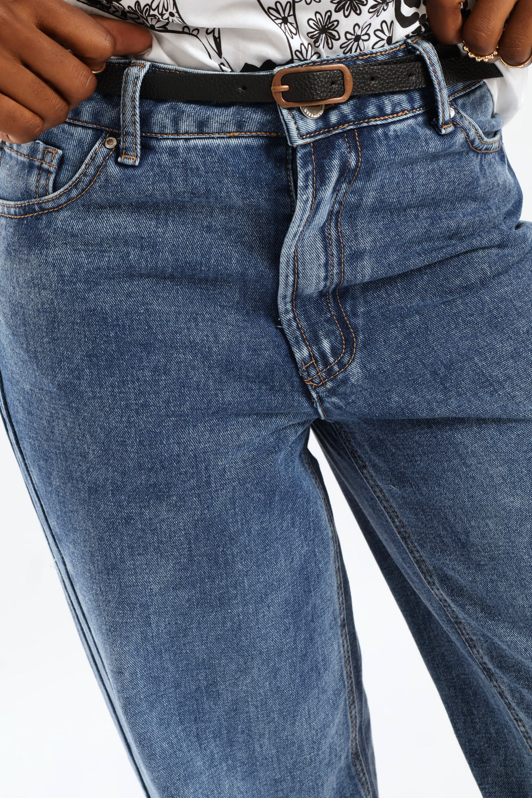 Hi Rise Belted Panel Detail Wideleg Denim - Medium Wash