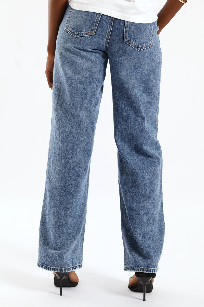 Hi Rise Belted Panel Detail Wideleg Denim - Medium Wash