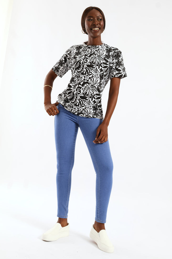 Abstract Floral Print Boxy Tee - Black/White