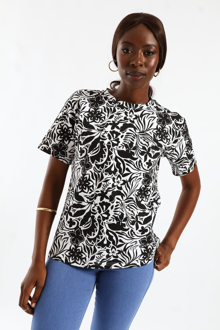 Abstract Floral Print Boxy Tee - Black/White