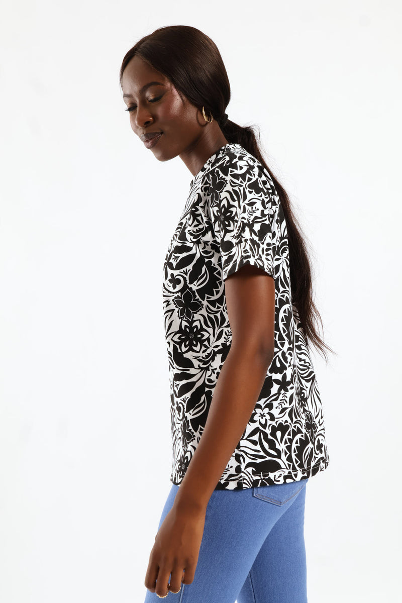 Abstract Floral Print Boxy Tee - Black/White