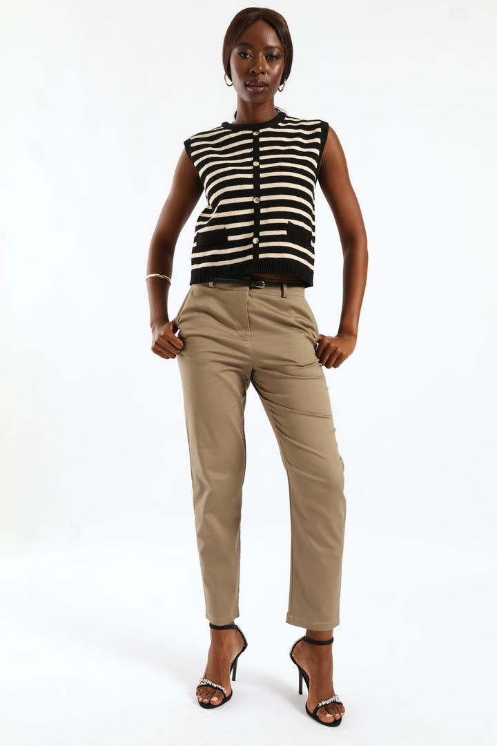 Striped Button Through Vest - Black/Cream