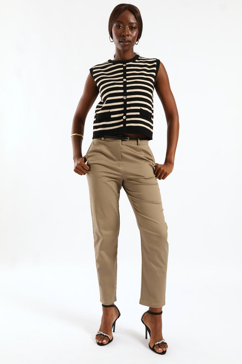 Striped Button Through Vest - Black/Cream